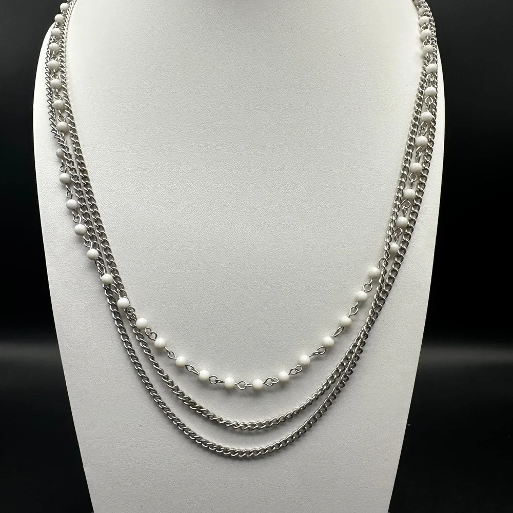 Vintage 90s White Bead Multi Strand Silver Tone Chain Necklace Layered Jewelry